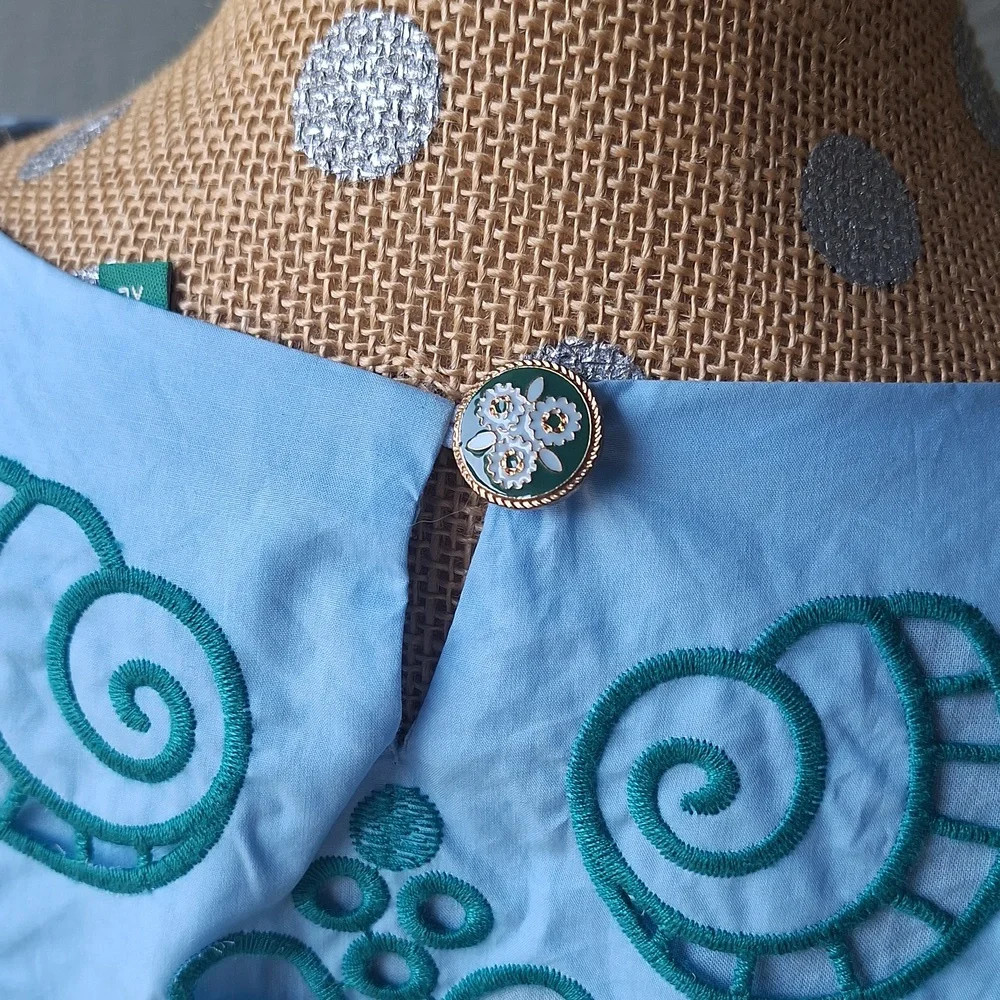 Farm Rio Richelieu Light Blue And Green Cropped Scalloped Hem Top Size XL Cotton - Picture 10 of 15